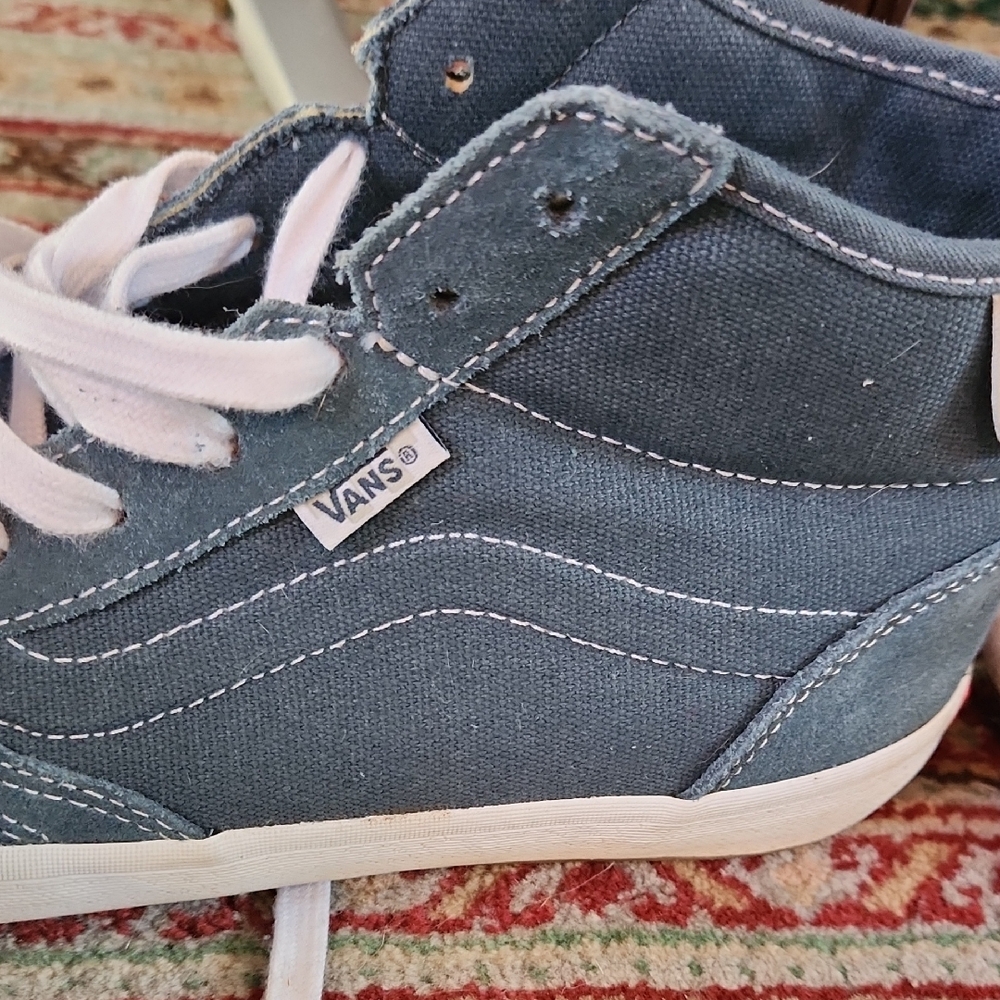 Vans Mid-Top Canvas/Suede Sneakers in Dusty Blue with White Laces - Lizzie